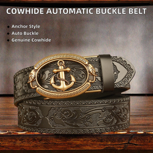 Cinturón Casual de Cuero Vacuno para Hombre con Hebilla Automática de Aleación y Patrón de Ancla, 3.8cm de Ancho, Estilo Occidental - Product Image 2