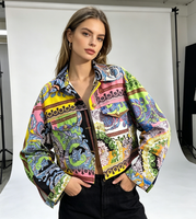 Veste en jean courte pour femme, style vintage baroque floral, imprimé paisley coloré, coupe trucker