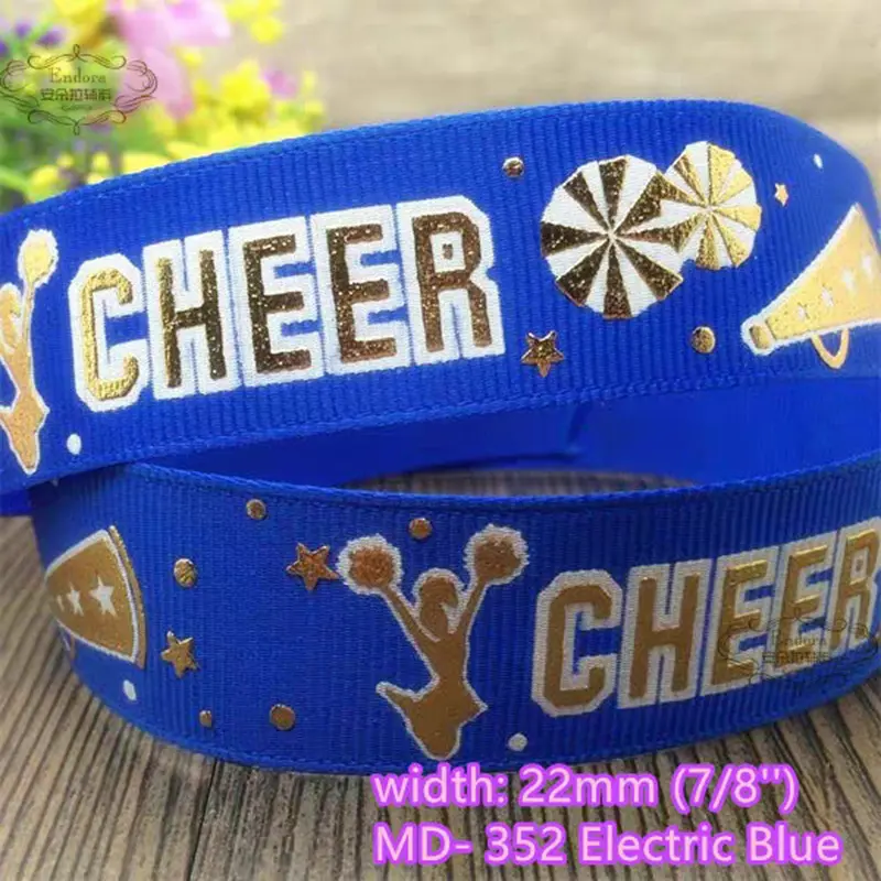 Diseño personalizado 25MM lámina de oro cinta impresa Cheer Grosgrain soportes de pompones hechos a medida para porristas