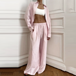 Enyami da <span class=keywords><strong>donna</strong></span> pantaloni lunghi a gamba larga 2 pezzi Set Casual <span class=keywords><strong>in</strong></span> cotone tinta unita da <span class=keywords><strong>donna</strong></span> Co Ords tailleur camicia a maniche lunghe Set due pezzi - Product Image 4