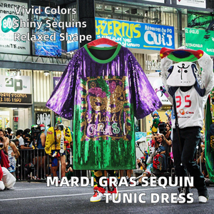 Robe Tunique Décontractée Ample et Respirante pour le Mardi Gras, Motif Floral Pailleté Violet, Vert et Or, Écologique - Product Image 2