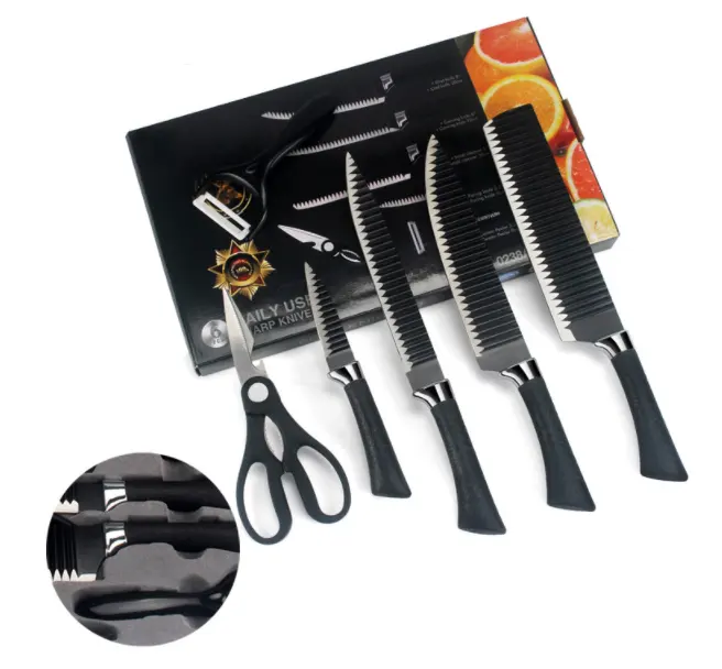 Set pisau hitam bergelombang, enam buah 238A stainless steel pisau dapur set perdagangan luar negeri kotak hadiah