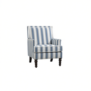 Fauteuil d'appoint rembourré en tissu de lin rayé bleu et blanc, pieds en bois, style vintage, meubles de salon - Product Image 1