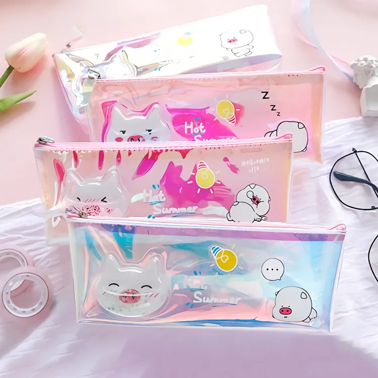 Hot Sale Pvc Zipper Holographic Cute Kids Pen Pouch/Pencil Pouch for School Office Plastic