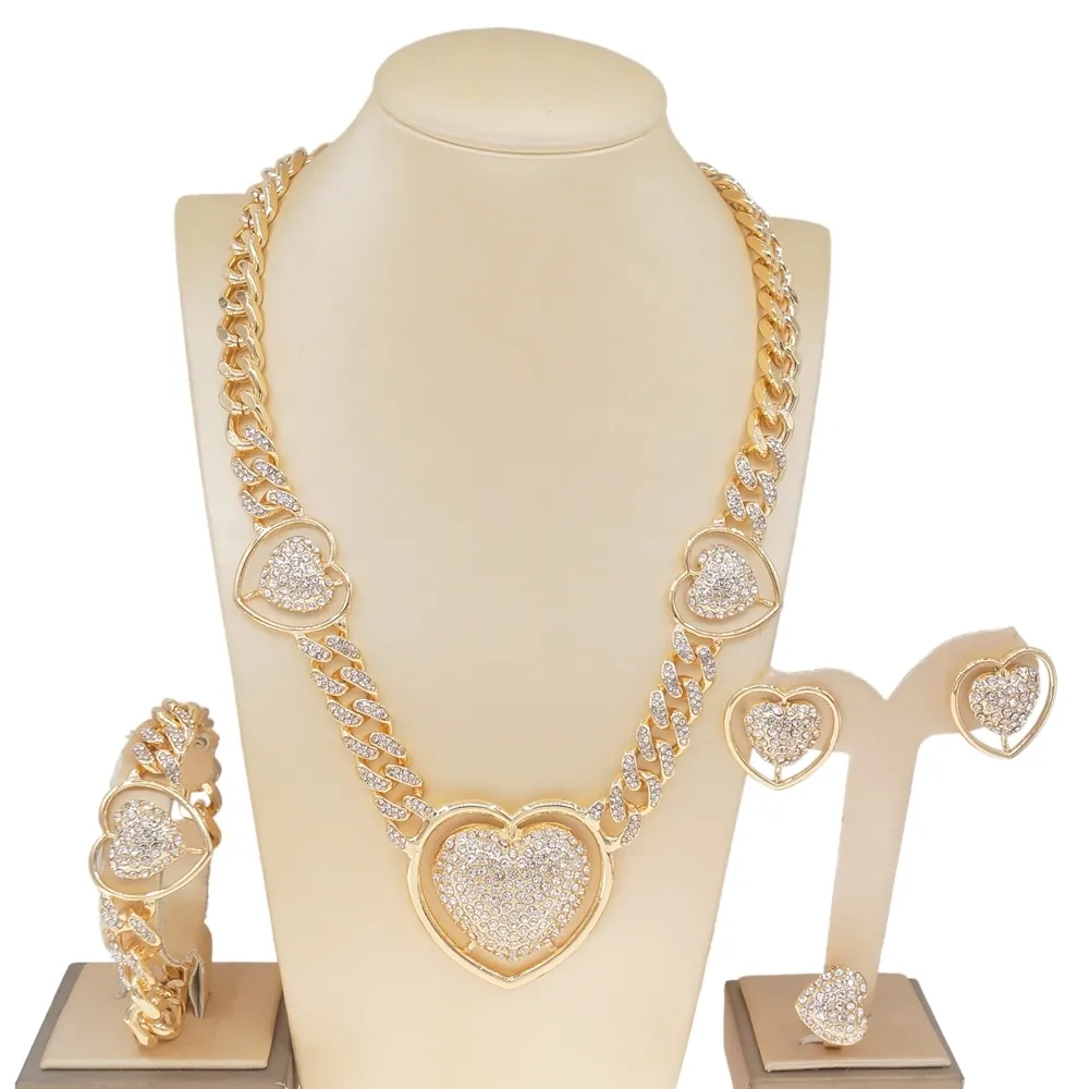 Yulaili I love you oversized heart-shaped diamond set Cuban beautiful crystal fashion high-end jewelry sets X0126