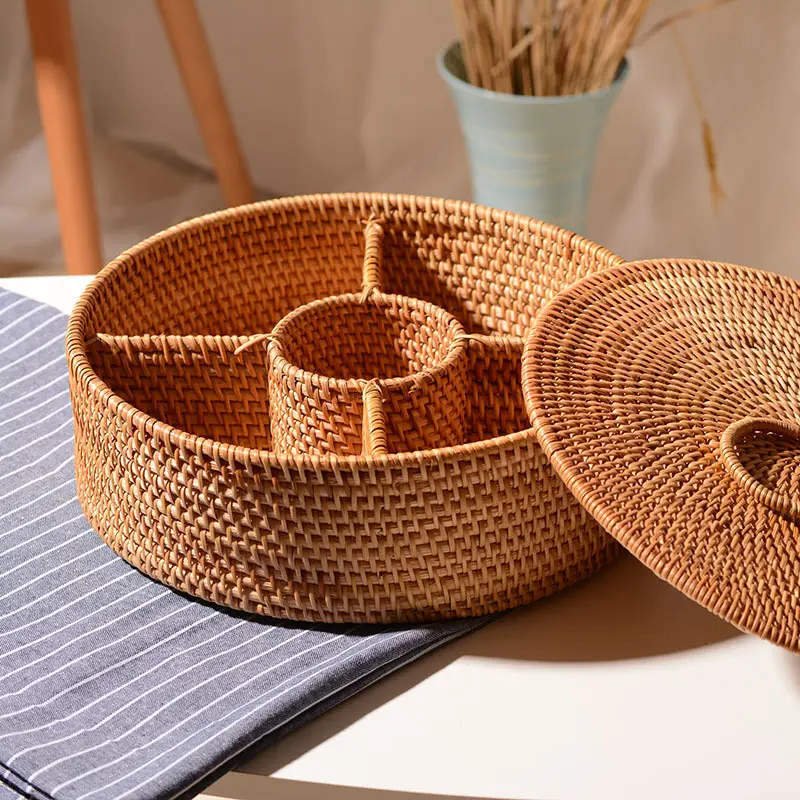 Cesta de piquenique redonda com cabo, cesta de bambu/palha redonda para servir à mão, artesanato natural, para casa