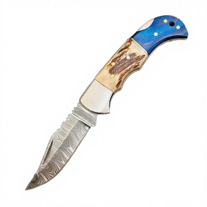 Couteau de chasse pliant personnalisé en acier Damas, à ouverture coulissante, manche en corne de cerf, lame pointue, qualité industrielle, OEM en gros - Product Image 3