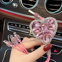 Pengisi Daya Mobil 3 in 1 Bling Diamond Kabel Data USB Mobil Pengisi Daya Ponsel Kristal