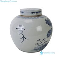 RYKB176-O Jarre à gingembre en porcelaine motif Chinoiserie bleu cobalt, blanc et bleu, paysage de pin et bambou, centre de table décoratif