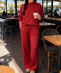 Ensemble décontracté 2 pièces pour femmes, haut à manches longues à col rond et pantalon à paillettes, tendance - Product Image 1