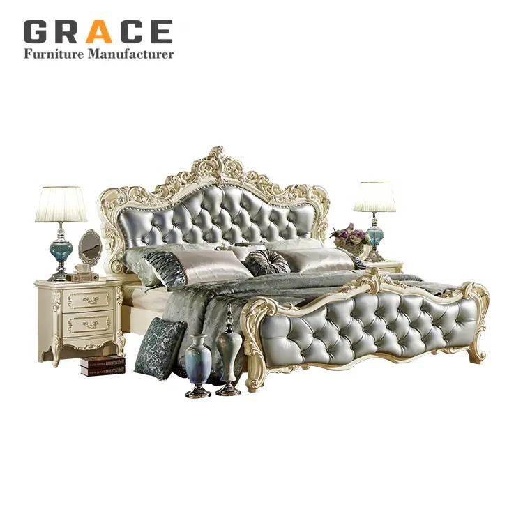 H8803w royal conjunto de móveis, quarto de madeira tamanho king cama de casamento de couro com design de caixa