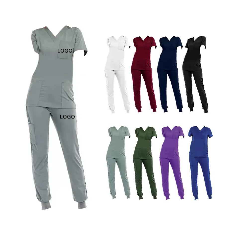 Custom Logo Fashion Srubs Medical Scrubs Uniform Suit V Neck Solid Nursing Set Tops Women's Medical Nurse Uniform Scrub Suit