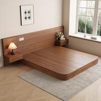 Hotelbett im Einfachen Luxusstil, Schlichtes Doppelbett aus Massivholz mit Beflockung und Stauraum für Apartments