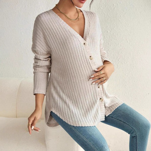 Camiseta de talla grande para <span class=keywords><strong>mujer</strong></span>, con botones frontales, mangas caídas, cuello en V, tela cepillada, cárdigan de maternidad - Product Image 3