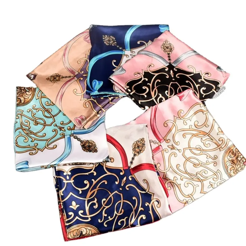 In Stock 2023 fashion new arrival custom designer luxury satin silk scarf digital printing square 90*90cm satin shawl for women