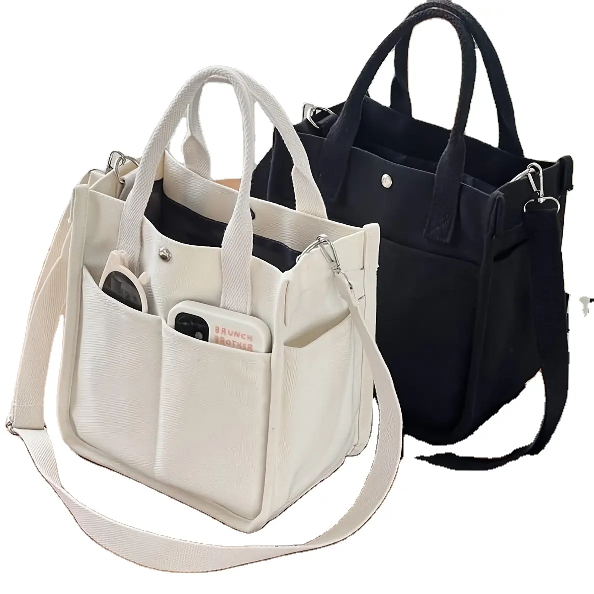 Sacola de compras com bolso e zíper para impressão comercial com logotipo personalizado, sacola de lona feminina