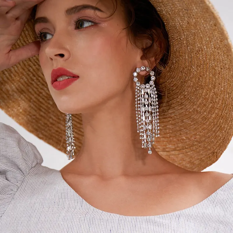 Luxury Bridal Jewelry Full Rhinestone Crystal Tassel Earrings For Women Shiny Dangle Drop Earrings Jewelry