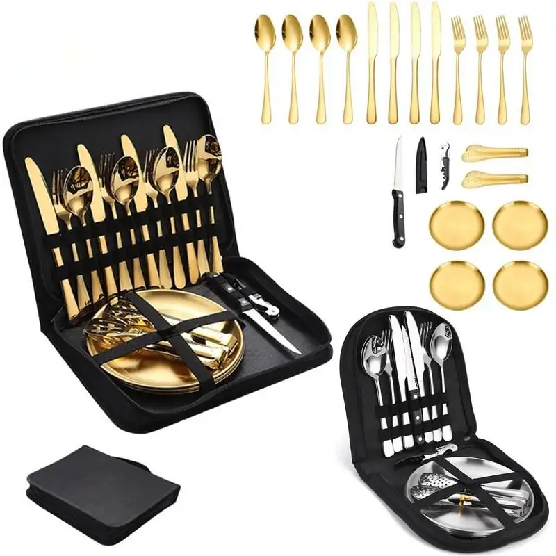 Portable Travel Stainless Steel Cutlery Set Steak Knife fork Spoon Dinner Plate Outdoor Camping Grill Plate Tableware Set