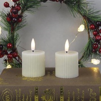 Bougie sans flamme en cire véritable, pilier côtelé non parfumé, bougie LED avec vraie flamme 3D