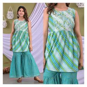 Conjunto de Top y Sharara de Algodón Estampado y Bordado Listo para Usar a Precio de Mayoreo de la India, Traje Étnico de Diseñador para Mujer - Product Image 2