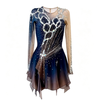Robe de patinage artistique noire et marron avec strass, manches longues en maille, dos en V profond, costume pour adultes et enfants, compétition, performance
