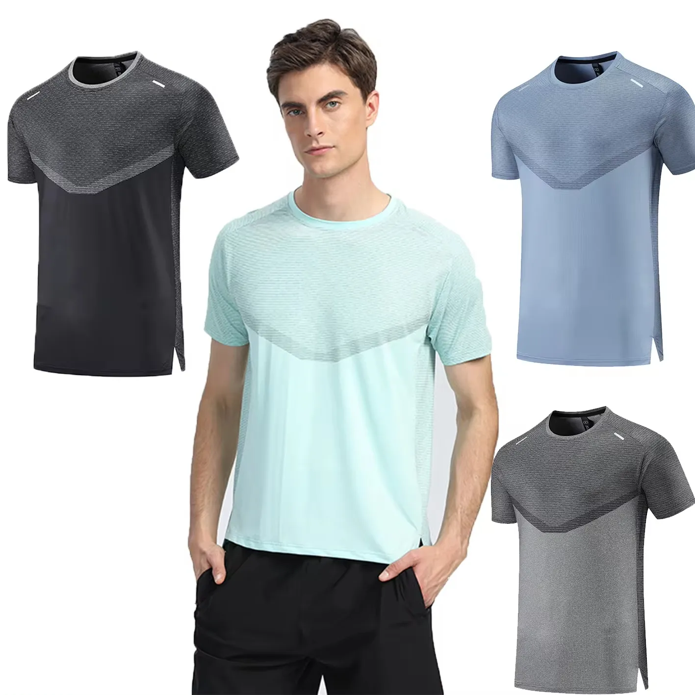 Özel logo fabrika stok fitness spor t-shirt erkek polyester malzeme sıkı uydurma çalışan spor spor spor