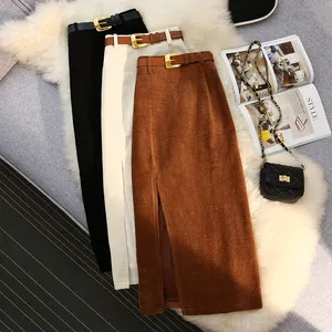 Vintage Damen rock mit Seitens chlitz Midi Röcke A-Linie Hohe Taille Schärpen Elegante koreanische Mode Cord schwarzen Rock