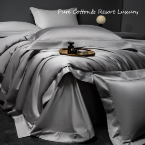 100% Bộ bốn mảnh cao cấp bằng cotton nguyên chất-bộ đồ giường đơn giản và thời trang màu xám bạc, thoải mái và có thể giặt được - Product Image 3