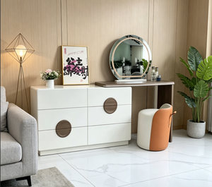 Modern Makeup <b>Vanity</b> Table with <b>Lighted</b> Round Mirror and Storage Drawers for Bedroom Furniture - Product Image 3