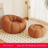 Fauteuil de Salon Inclinable Individuel en Velours Crème, Pouf Moderne en Forme de Citrouille pour Salon, Emballage Sous Vide