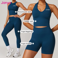 Ensembles Janya Tik Tok Personnalisés Sans Couture de Vêtements de Sport pour Femmes Shorts de Yoga Froncés Relevés Leggings 2/3/4 Pièces avec Soutien-Gorge Dos Nageur