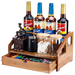 Wooden Double Layer Storage <b>Rack</b> With Drawers For <b>Kitchen</b> Spice Bottles And Coffee Capsules - Product Image 5