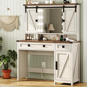 SENYU Coiffeuse design rustique en panneaux de bois avec éclairage LED, tiroirs et miroir, pour appartement et chambre, avec fonction de charge S - Product Image 1