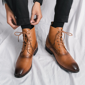 Botas de cuero con punta en pico 2026, de media caña, para primavera y otoño, tallas grandes, juveniles, personalizadas, con acabado bronceado, a la moda, con cordones. - Product Image 3