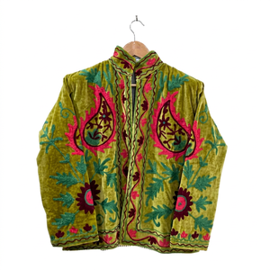 Hand Embroidered Green <b>Velvet</b> Suzani <b>Jacket</b> With Floral Pattern Threadwork Full Sleeve Stand Collar Bohemian <b>Women's</b> Autumn Coat - Product Image 1