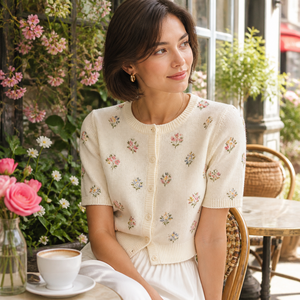 <span class=keywords><strong>Cardigan</strong></span> en tricot à manches courtes pour femme, broderie florale dispersée, col rond, couleur crème, OEM ODM, vente en gros, marque privée, faible MOQ, commande en gros - Product Image 2