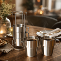 Lot de 4 tasses à café empilables en acier inoxydable de 300 ml (10 oz) à double paroi avec support métallique – Vente en gros directe usine