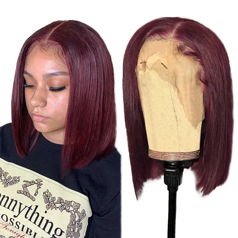 Dropshipping 99J Short BOB Wine Red Burgundy Color Human Hair Wigs for Black Women 13*4 Brazilian Remy Hair Lace Front wig