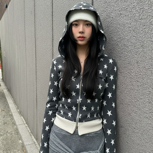 Sudadera con capucha y cremallera para mujer, estilo americano, con estampado de estrellas y bloques de color, diseño de patchwork, corte ajustado, manga larga, informal - Product Image 1