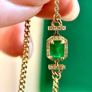 Xinfly - Pulsera de Oro de 18 Quilates con Diamantes Naturales y Esmeraldas Naturales de 0.45 Quilates, Estilo Clásico para Mujer, Cadena Cubana de Oro Puro Au750 - Product Image 4