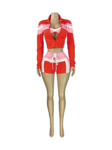 Completo da Donna 3 Pezzi Abbigliamento Estivo Autunnale Tuta Sportiva Streetwear Personalizzata con Reggiseno Sportivo Giacca e Pantaloncini a Colori Contrastanti - Product Image 2