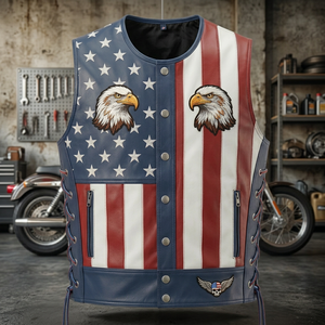 Chaleco de Hombre de Poliéster/Algodón con Estampado de Bandera Americana y Diseño de Águila, Estilo Motero, Cuello Redondo, Cierre de Botones Delanteros, Color Personalizado - Product Image 3