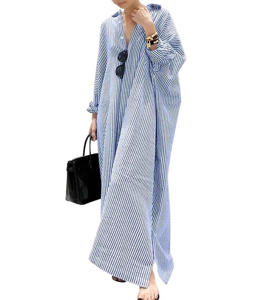 Women's Casual Long Sleeve Button Down Loose Striped Cotton Maxi Shirt Dress|  Alibaba.com
