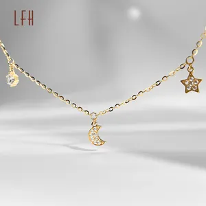 18k Real Gold Pure Gold Diamond Cubic Zircon Moon Star Beads Pendant Necklace Chain Real Gold Jewelry 18k with Certificate