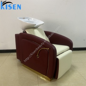 Kisen White Black Ceramic Sink Simple Salon Back Wash Chair Shampoo <b>Table</b> <b>Adjustable</b> Manual Good Quality Leather for Barbershop - Product Image 2