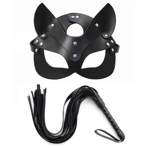 Masque de chat en cuir noir avec fouet pour jeu de séduction adulte, accessoire de costume sexy pour femme - Product Image 1