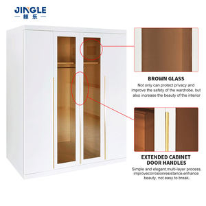 Armoire minimaliste blanche à 4 portes métalliques avec porte vitrée, grande capacité, penderie pour chambre à coucher avec tringle de suspension, mobilier de maison - Product Image 2