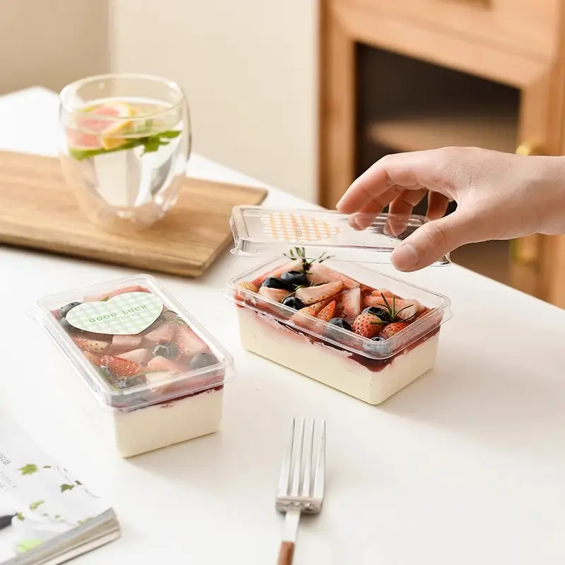 Emoer - Caixa plástica transparente para embalagem de sobremesas, material quadrado de PVC para animais de estimação, pacote descartável para biscoitos e saladas de sushi, ideal para uso em doces