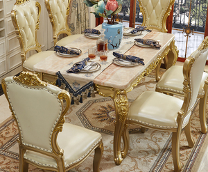 Juego de Mesa de Comedor Rectangular de Madera Maciza Dorada Noble de Lujo con Marco Tallado, con Cubierta de Mármol y Combinación de Sillas para Restaurantes y Hogar - Product Image 1