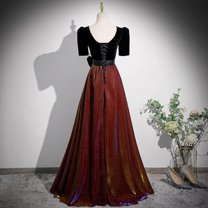 Black Gradient Velvet Evening Gown V-Neck A-Line Mid Sleeve Elegant Formal Dress For Women - Product Image 4